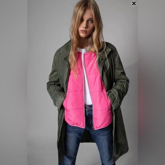 Zadig & Voltaire parka jacket in military green with pink puffer liner. NWT - Picture 2 of 15